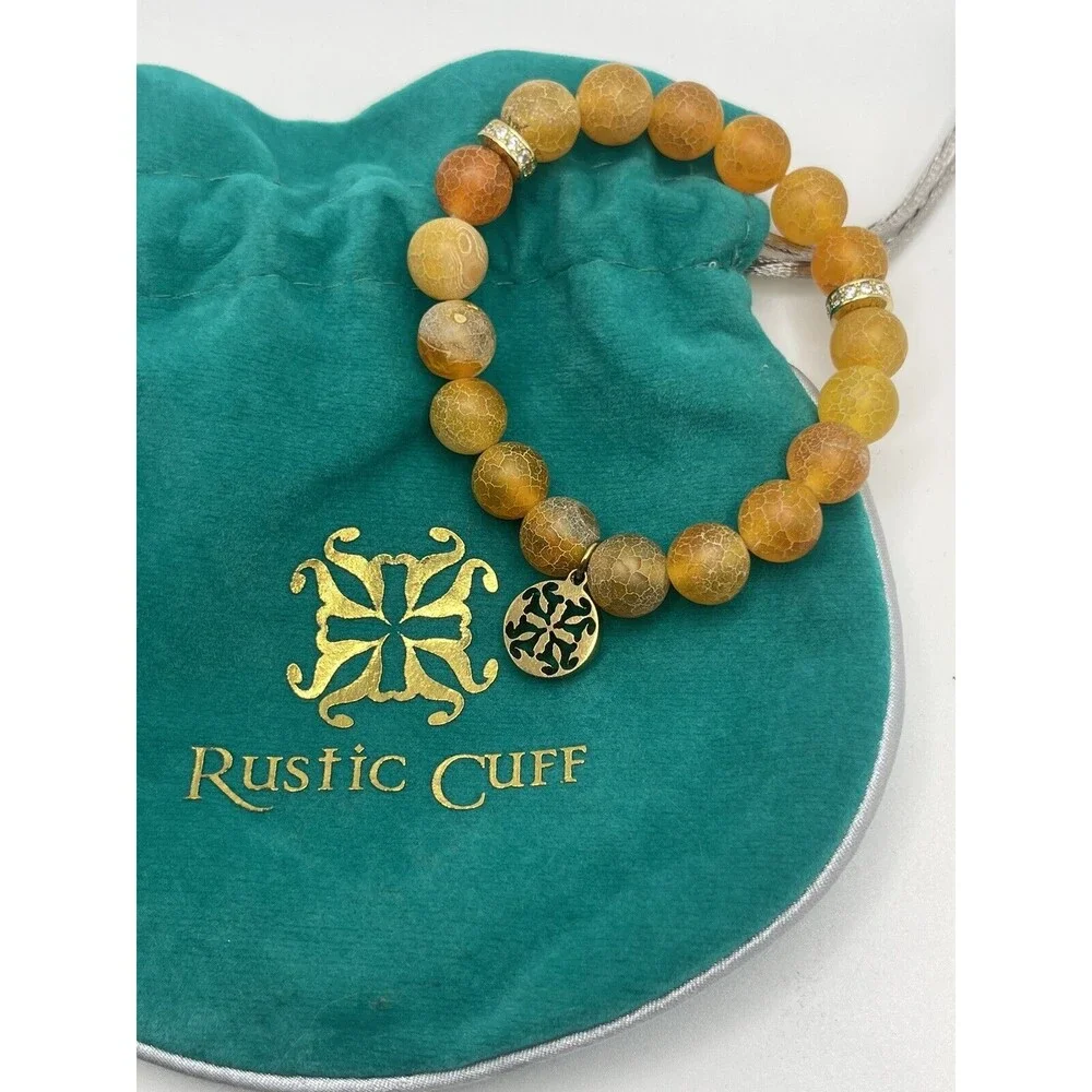 Rustic Cuff Orange Crackled Agate Stone Stretch Bracelet New
